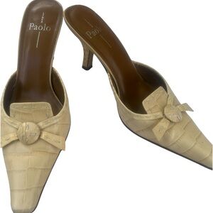 Lines Paolo light goldenrod reptile embossed bow mules 9